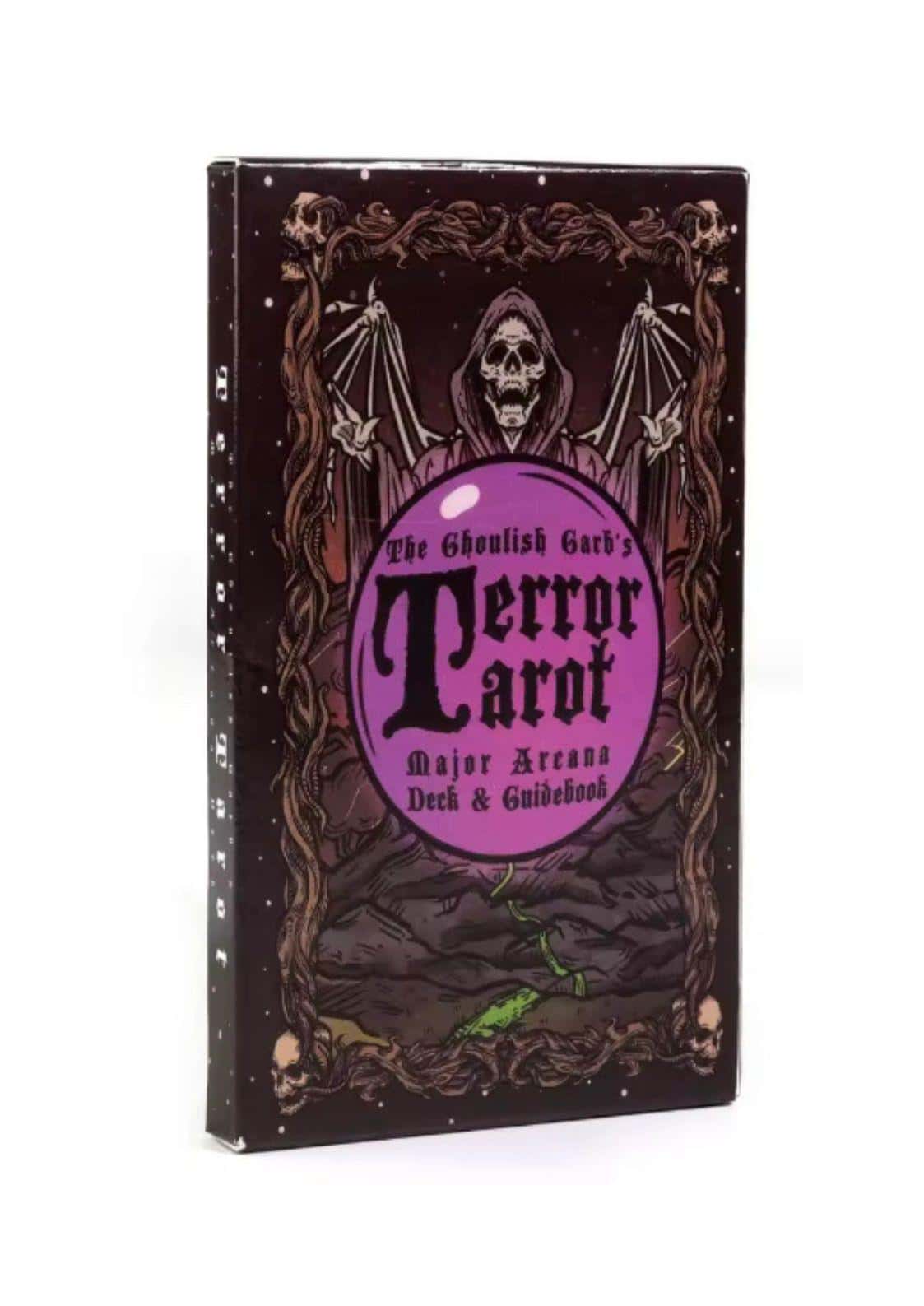 Die ghoulish garb terror tarot 22 karten zeigen ein gothisches horror tarotdeck mit dunkelbraunem cover und lila emblem
